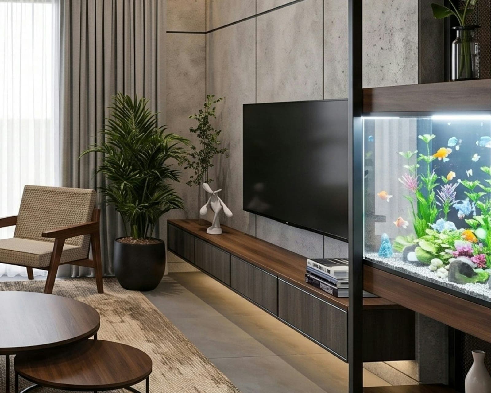 A built-in aquarium set into the shelving of a modern living room